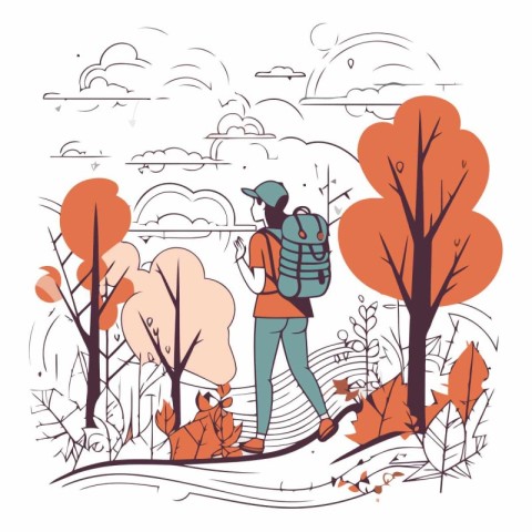 Hiking girl in autumn forest in flat style.