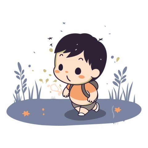 Boy walking in the park. Cute cartoon character.