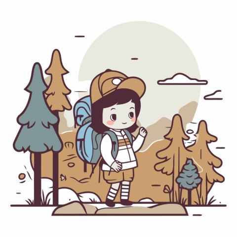 Cute little girl with backpack hiking in the mountains.