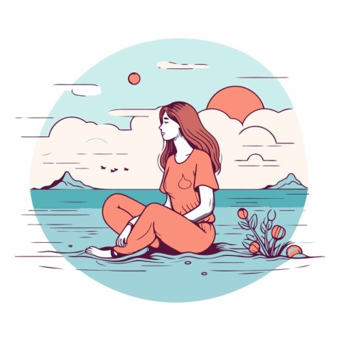 Beautiful girl sitting on the beach in cartoon style.