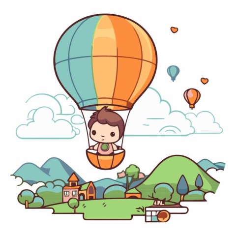 Cute little boy flying in a hot air balloon.