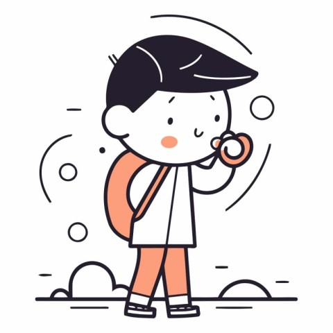 Boy holding a stethoscope in thin line style.