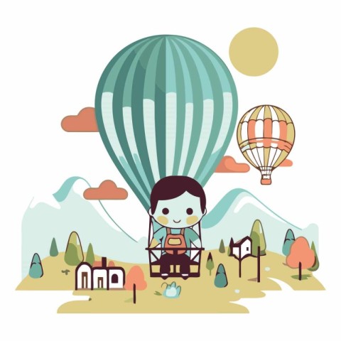 cute little boy with hot air balloon in the landscape vector ill