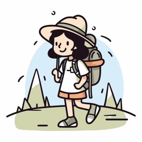 Illustration of a Girl Hiking in the Mountains with a Backpack