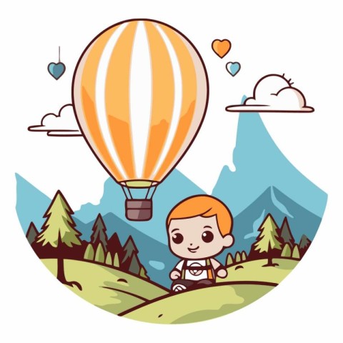 Cute cartoon boy with hot air balloon in the mountains.