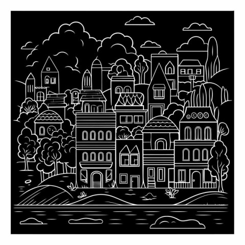 Black and white vector illustration of a cityscape with houses a