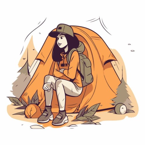 Vector illustration of a young woman sitting in a tent. Camping.