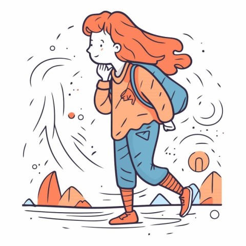 Vector illustration of a girl with a backpack walking in the rai