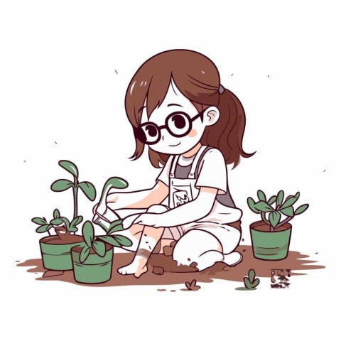 Little girl planting a houseplant in the garden.