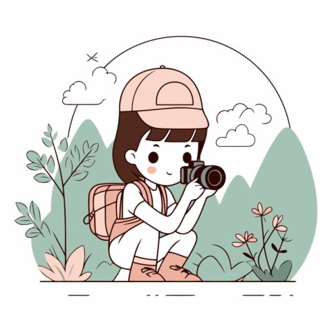 cute little girl with backpack and camera in the landscape vecto