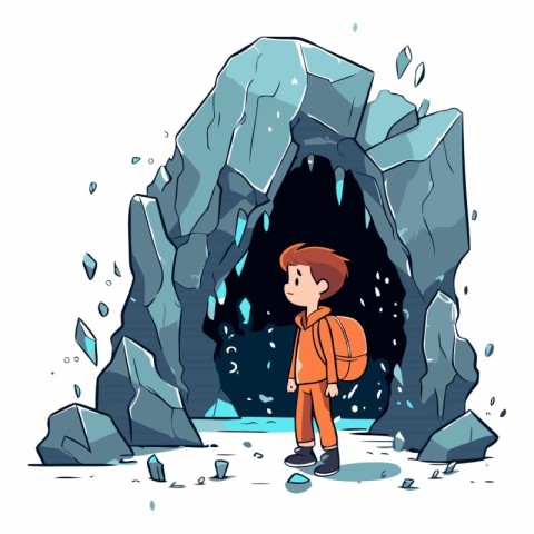 Cute little boy in a cave with ice and icicles