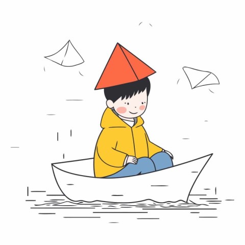 Illustration of a boy in a boat with paper planes around him