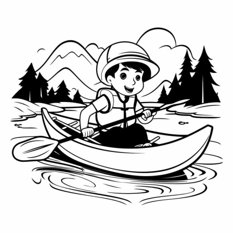 Boy in a canoe on a lake. Black and white illustration.