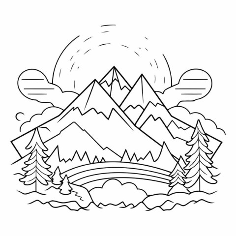 Mountains and forest line art vector illustration. Outline lands