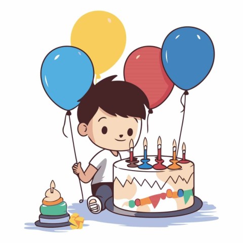 birthday cake with boy and balloons over white background. color