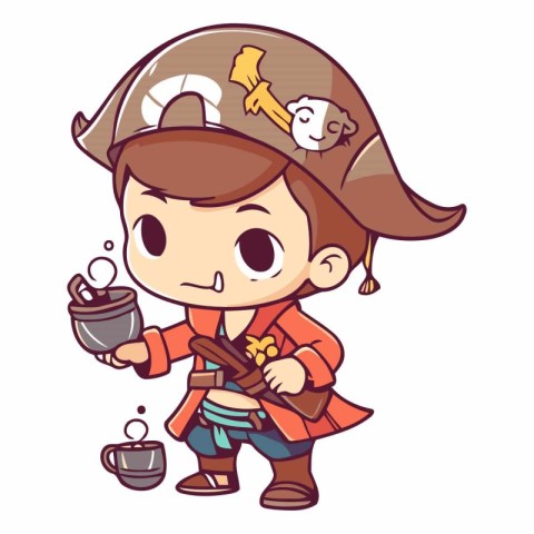 Little boy in pirate costume with cup of tea.