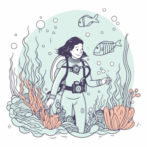 Cute girl scuba diver in the sea.