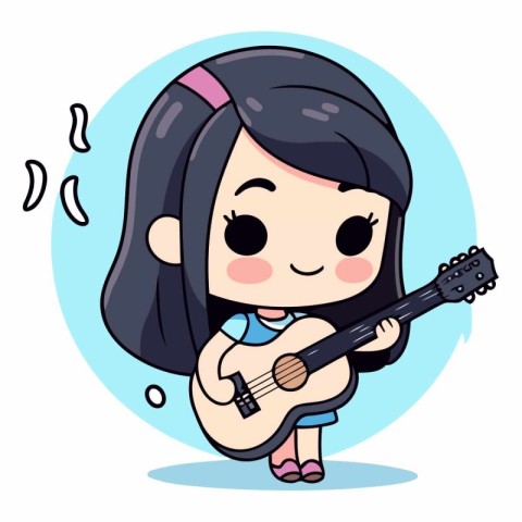 Cute little girl playing ukulele cartoon vector illustration.