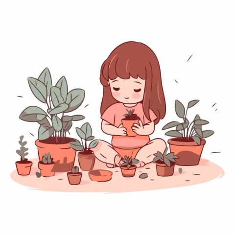 Little girl is planting houseplants in cartoon style.