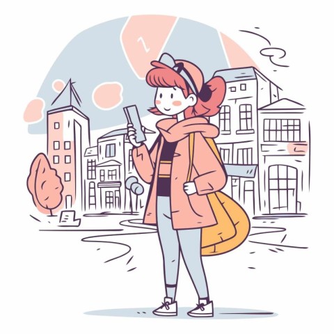 Vector illustration of a young woman in a coat and headphones wa