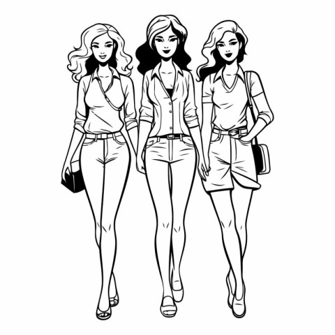 Sketch of three beautiful young women in summer clothes.