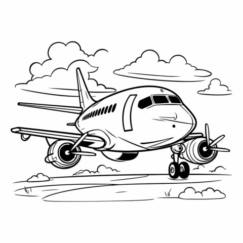 airplane flying with clouds in the sky cartoon vector illustrati