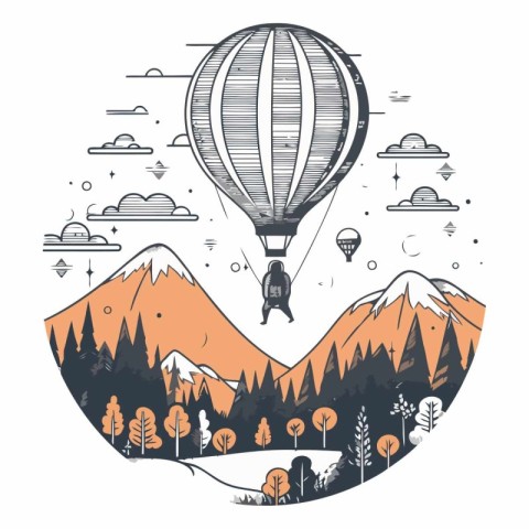 Hot air balloon in the mountains. Vector hand drawn illustration