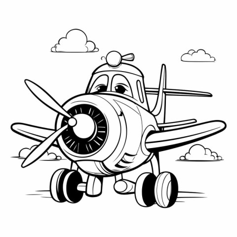 Black and White Cartoon Illustration of Cute Little Airplane Cha