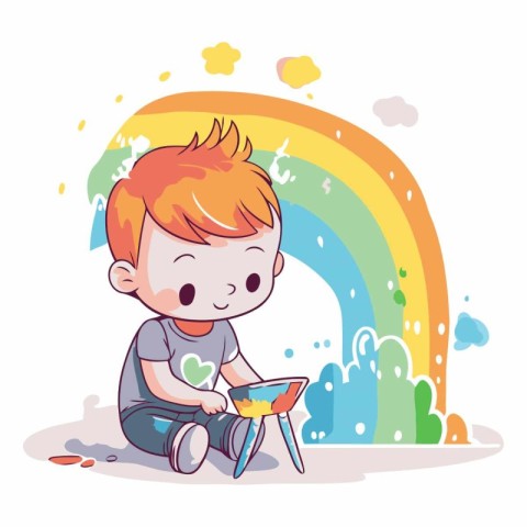 Cute little boy painting rainbow with watercolor.