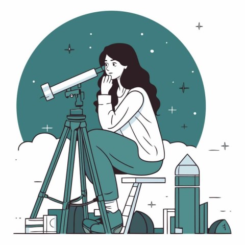 Vector illustration of a young woman looking through a telescope