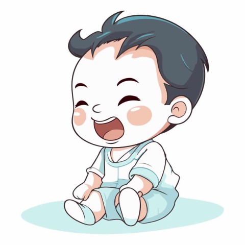 Cute baby boy sitting on floor and laughing.