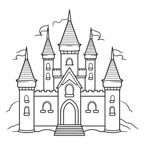 Fairytale castle. Black and white vector illustration for colori