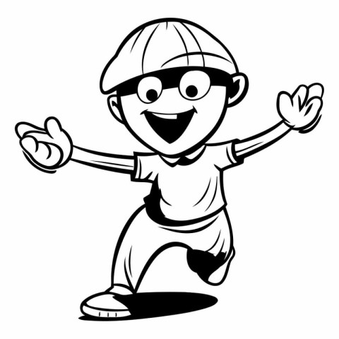 Cheerful Boy Jumping - Black and White Cartoon Illustration