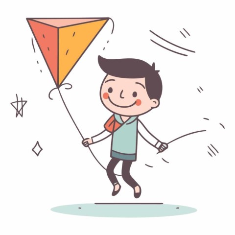 Boy flying a kite. flat cartoon style.