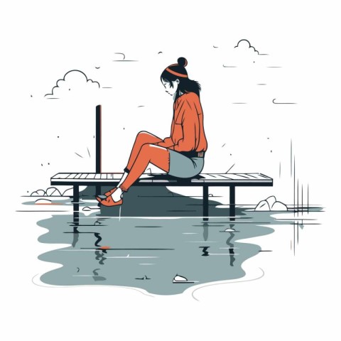 Vector illustration of a woman sitting on a bench near the lake.