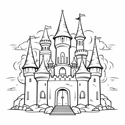 Cartoon castle. Fairy tale castle. Black and white vector illust