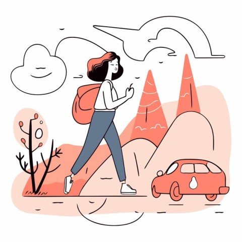 Vector illustration of a young woman with a backpack and a car o