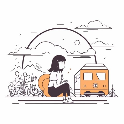 Vector illustration of a girl sitting on a bench next to a train