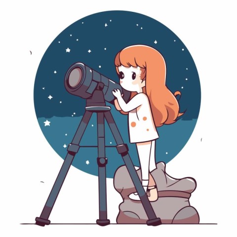 Cute little girl looking through telescope in cartoon style