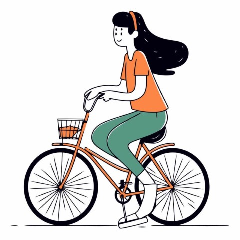 Young woman riding a bicycle in a flat style.