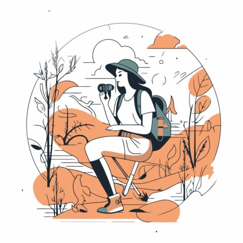 Vector illustration of a girl with a backpack and binoculars on