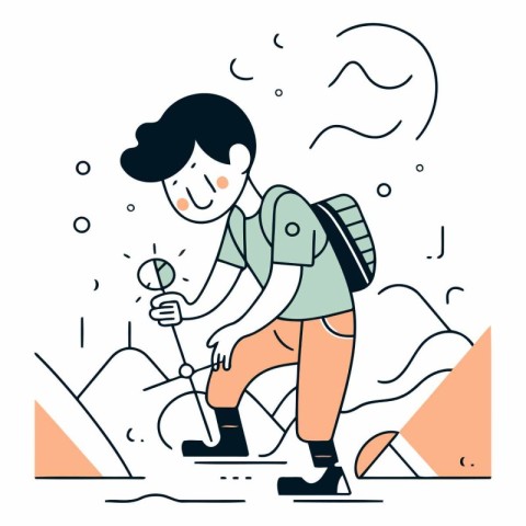 Young man trekking in the mountains. Vector line art illustratio