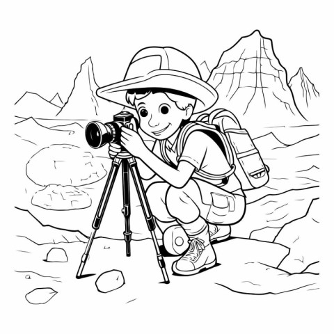 Boy with a camera in the mountains. black and white vector illus