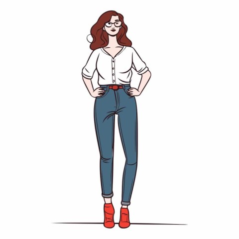 Fashion girl in jeans and shirt in sketch style