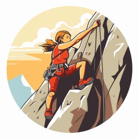 Rock climber girl climbing on a cliff in cartoon style.