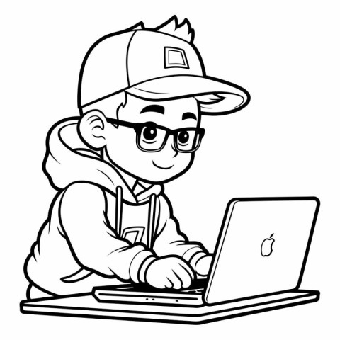 Black and White Cartoon Illustration of Cute Little Boy Working