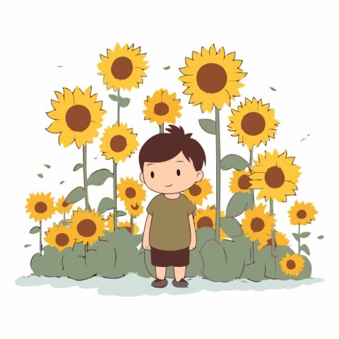 cute little boy with sunflowers garden vector illustration graph