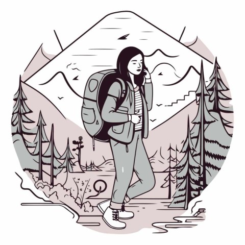 Traveler girl with a backpack in the mountains.