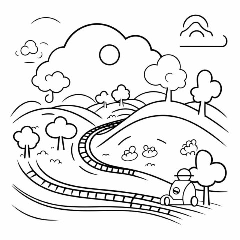 Line art illustration of a road in the mountains. Coloring book