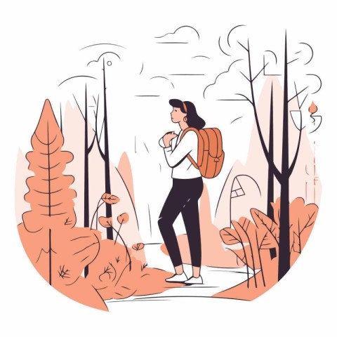 Vector illustration of a girl walking in the autumn park with ba